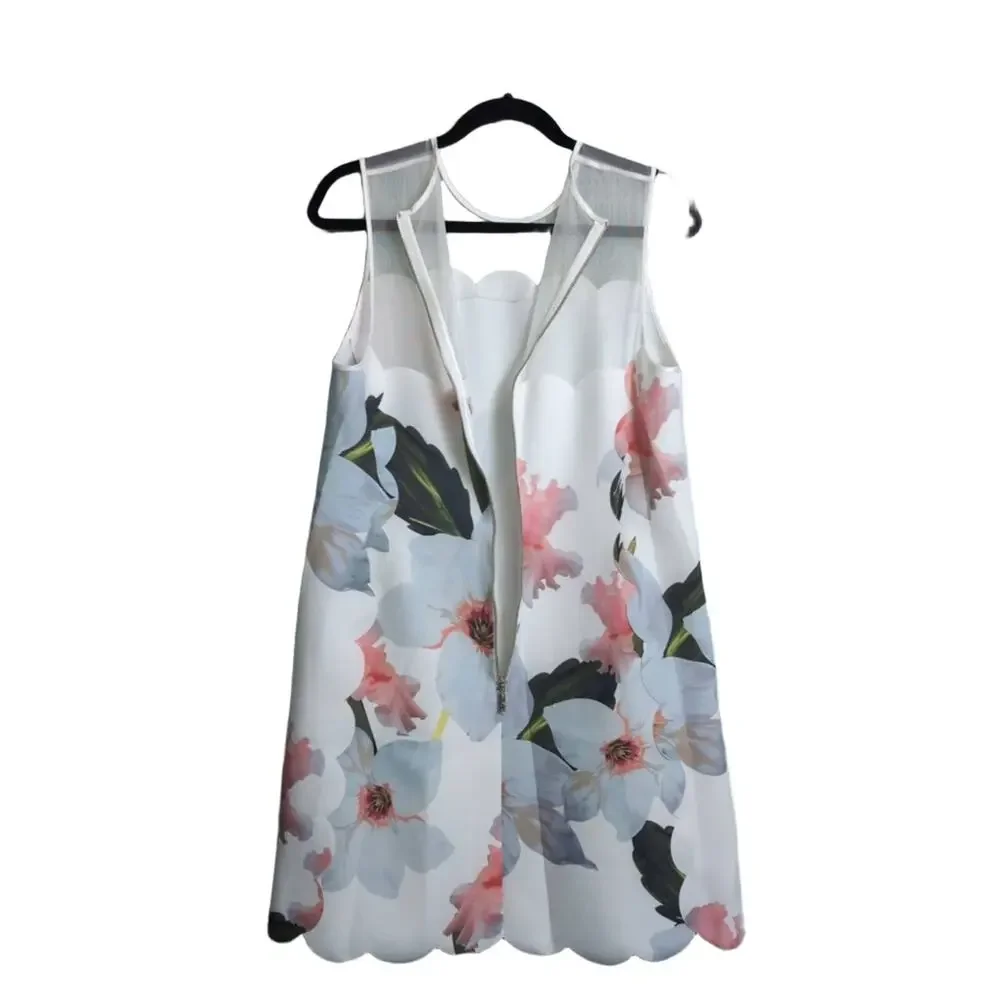 TED BAKER Caprila Bloom Scalloped Dress White Pink Blue Floral A Line Shift 4 (U - Picture 5 of 10